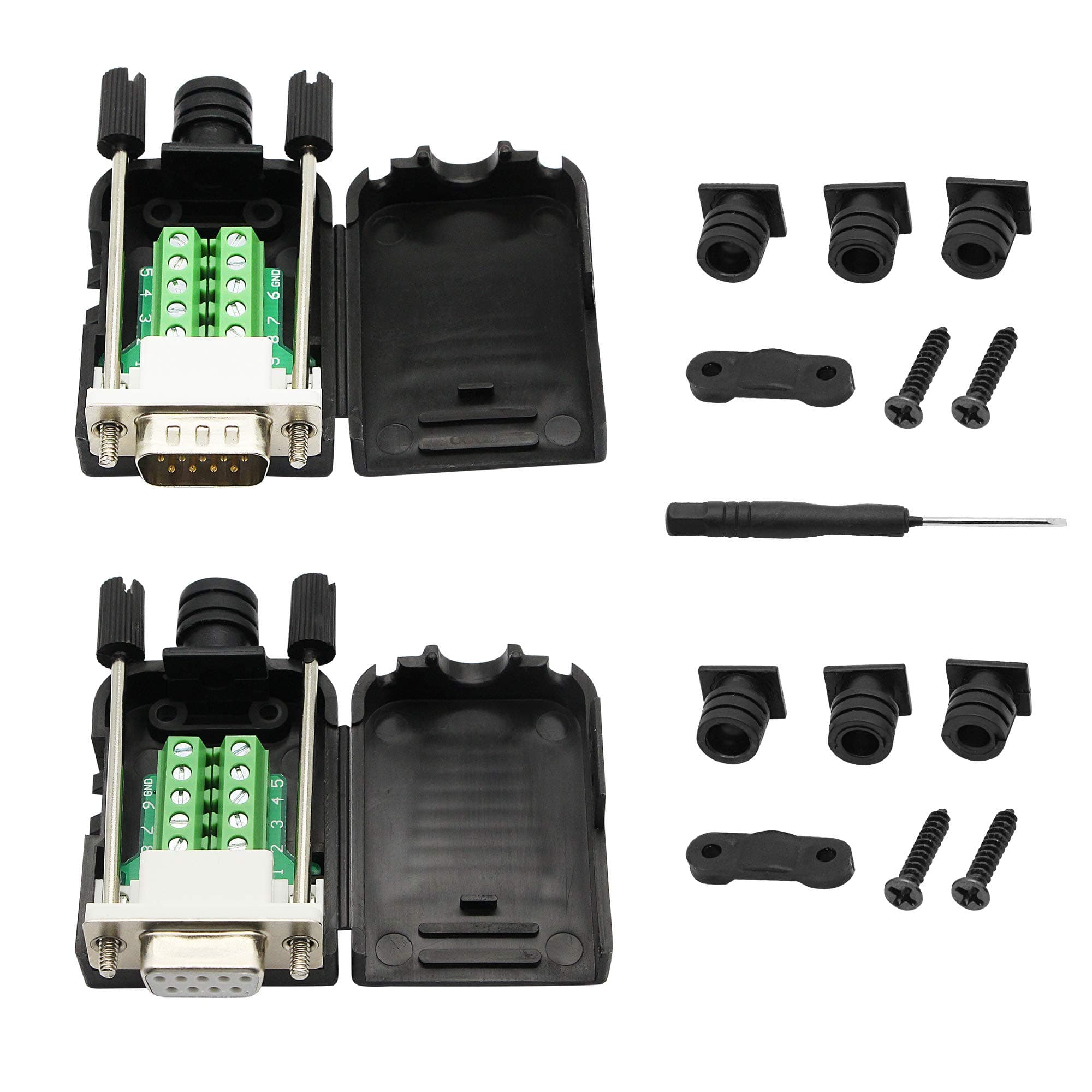 DB9 Connector Adapter RS232 Serial Port D-SUB Adapter Plate Breakout Board Solder-Free (1-Pair Male+Female with Screwdriver, White Rubber Core)