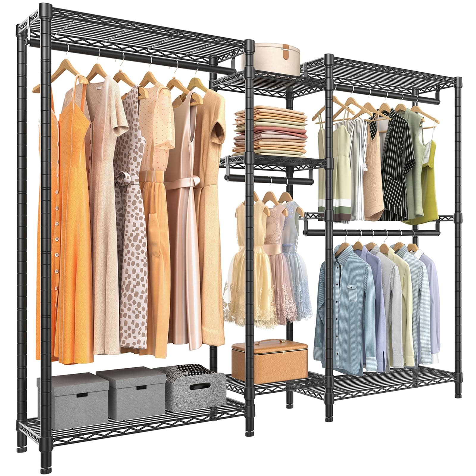 Classic V6 Medium Heavy Duty Clothes Rack, 7-Tier Garment Rack with Adjustable Shelves, Portable Closet with 4 Hanging Rods, Space-Saving, 750lbs Capacity, 59.8" L x 14.6" W x 76.4" H, Black
