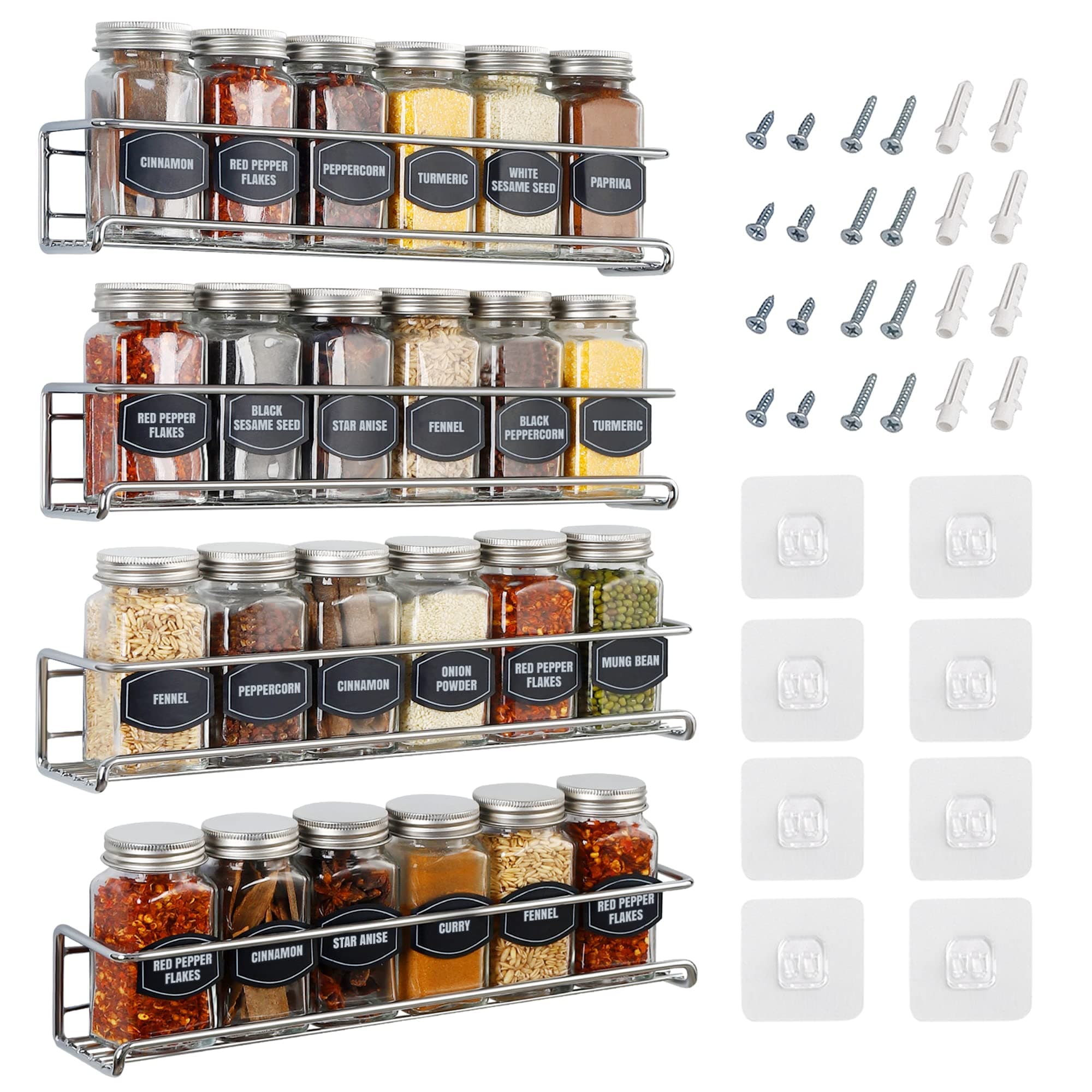 Spice Rack Wall Mounted 4 Tier – Space-Saving Kitchen Spice Organizer for Seasonings – Screw or Adhesive Hanging – Wall Mount Hanging Spice Rack for Wall, Cabinet, Pantry Door