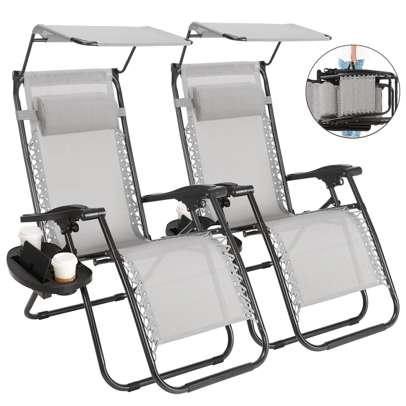 Superworth Set Of 2 Thicken Gray Folding Zero Gravity Chairs Sun Lounger Recliner For Beach Patio Garden Camping Outdoor With Canopy 200KG Weight Capacity