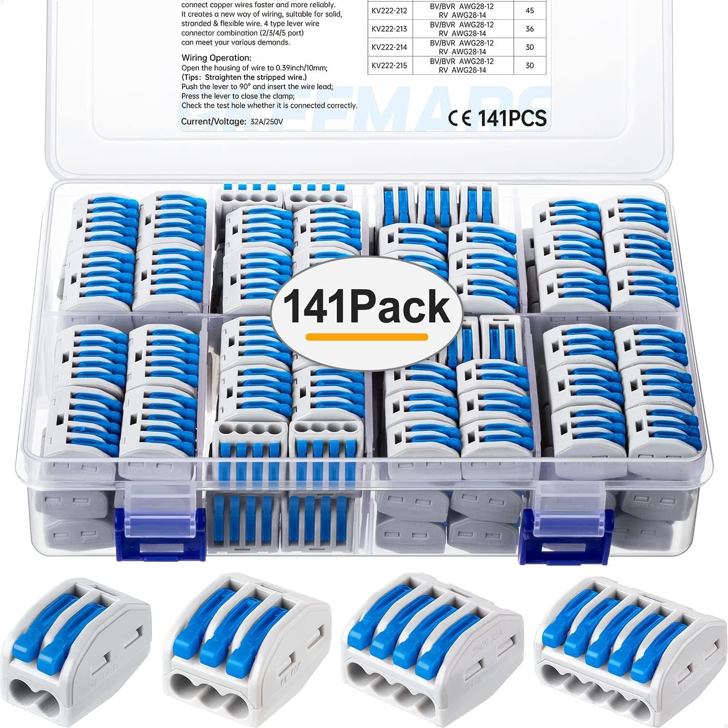 141Pcs Lever Wire Connectors, Compact Splicing Conductor Connector for Solid Stranded Flexible Wires 28-12 AWG (Blue)