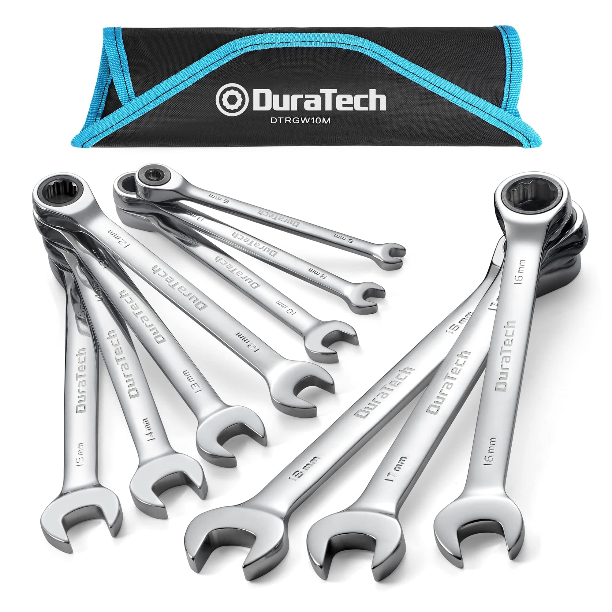DURATECH 10-Piece Ratchet Combination Spanner Set 6-18 mm, Cr-V Steel, Fixed Head Open End Combination Wrench Set, Metric,12 Point, with Poll-up Pouch