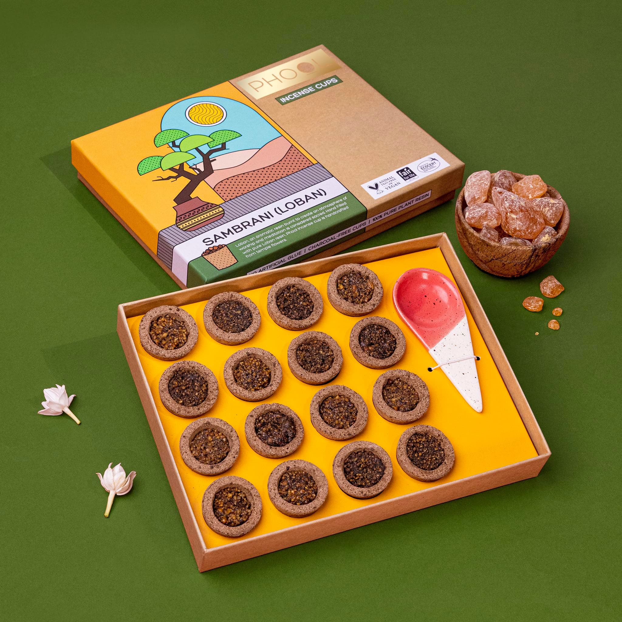 PHOOL LUXURY INCENSE Durga Pooja Sambrani Havan Cups I 16 Havan pcs + 1 Free Stand I Ecocert Certified Natural I Dhuni for Pooja I 100% Organic Sambrani Fragrance