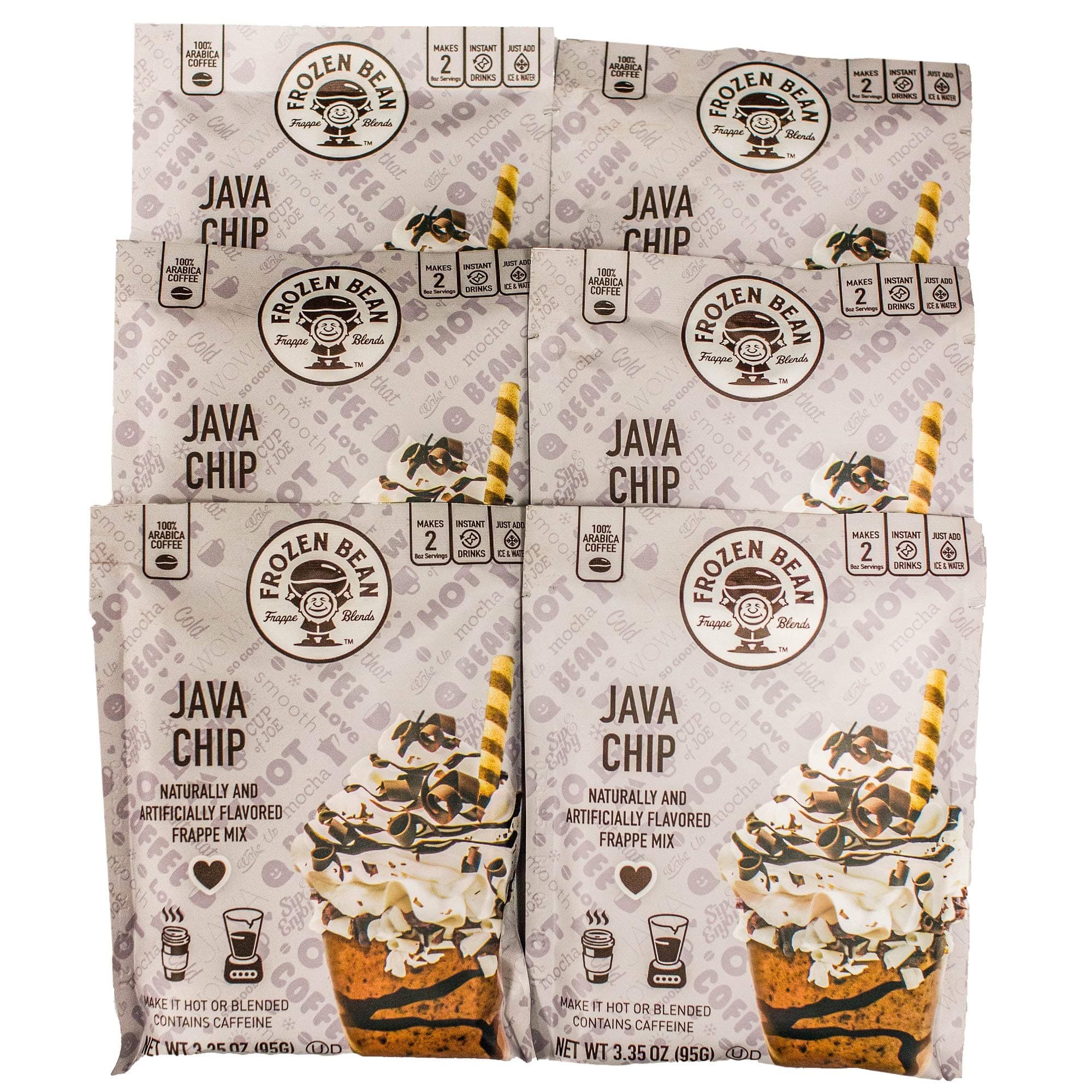 The Frozen Bean Java Chip Frappe Mix - Coffee Drink with 100% Arabica Beans - Enjoy Hot or as Frozen Blended Drink - 6 Packets, 12 Servings