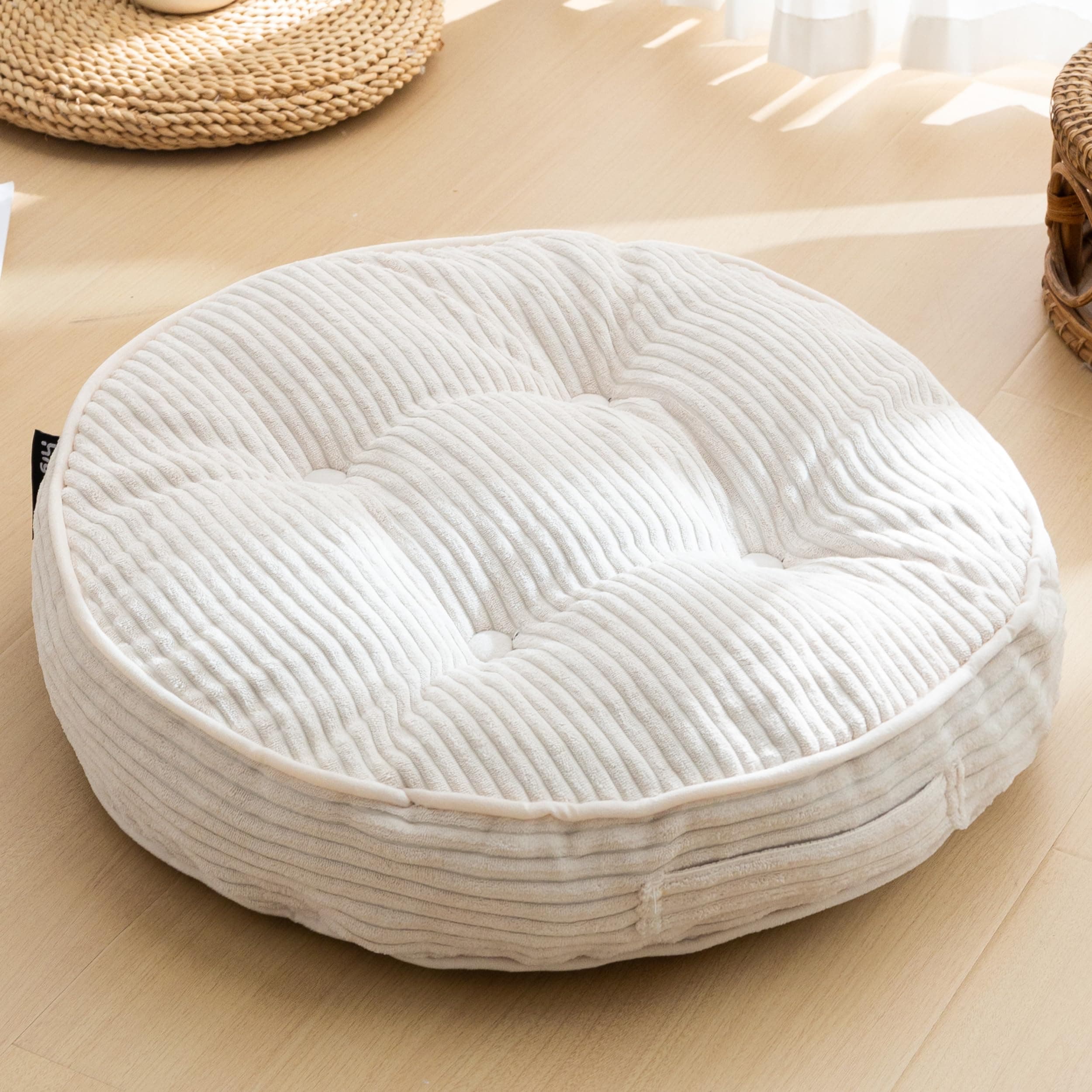 HIGOGOGO Floor Pillow Cushion for Adults, Meditation Cushion Pillow, Large Round Floor Sitting, Tufted Corduroy Cover, for Tatami Living Room or Yoga, 22x22 Inch, Beige