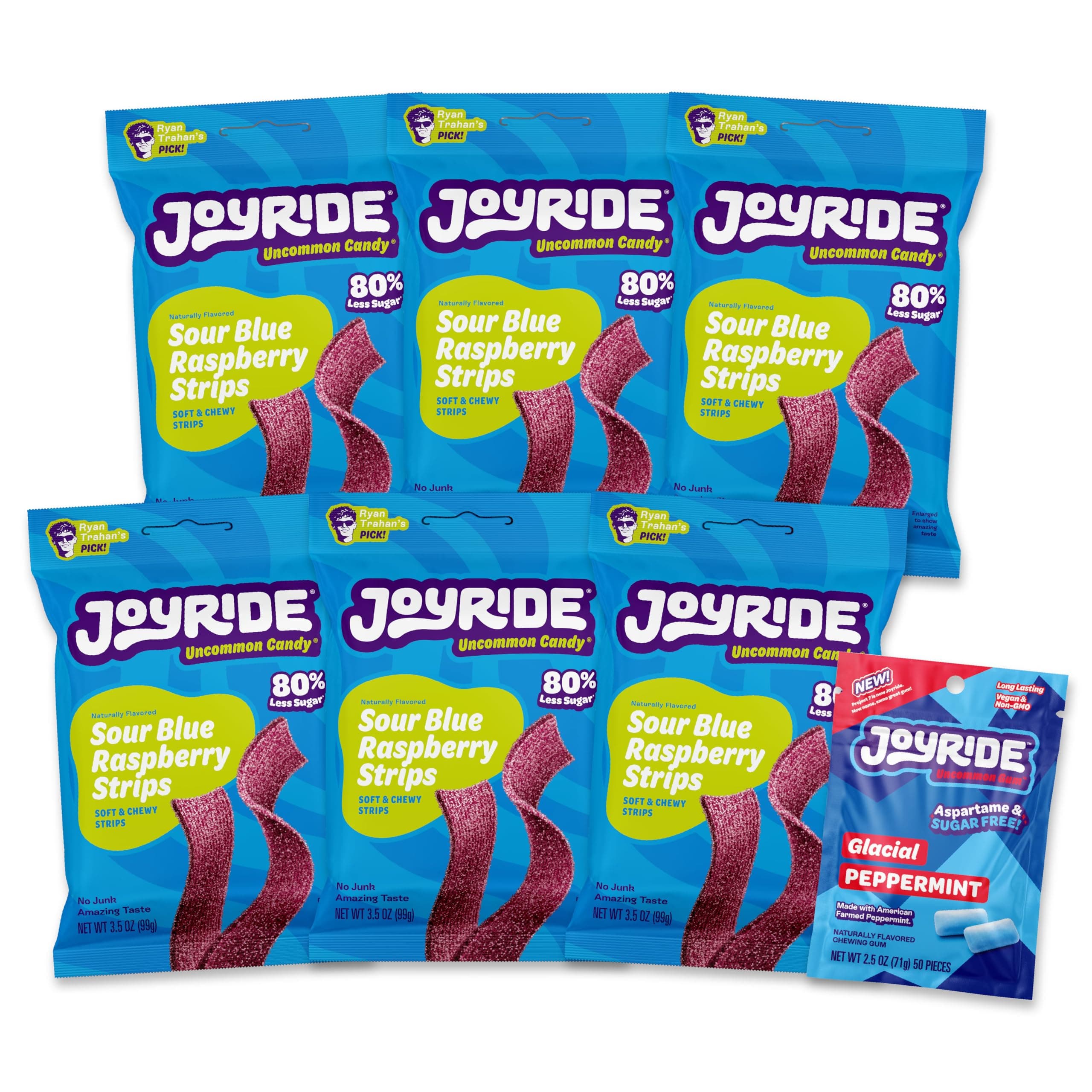 JOYRIDE Blue Raspberry Sour Strips - 3.5 oz 6-Pack Bundle with 2.5oz Glacial Peppermint Gum, Low Sugar, Sour Belt Candy, Dye Free, Low Calorie Snacks, Healthy Candy (7 Items)