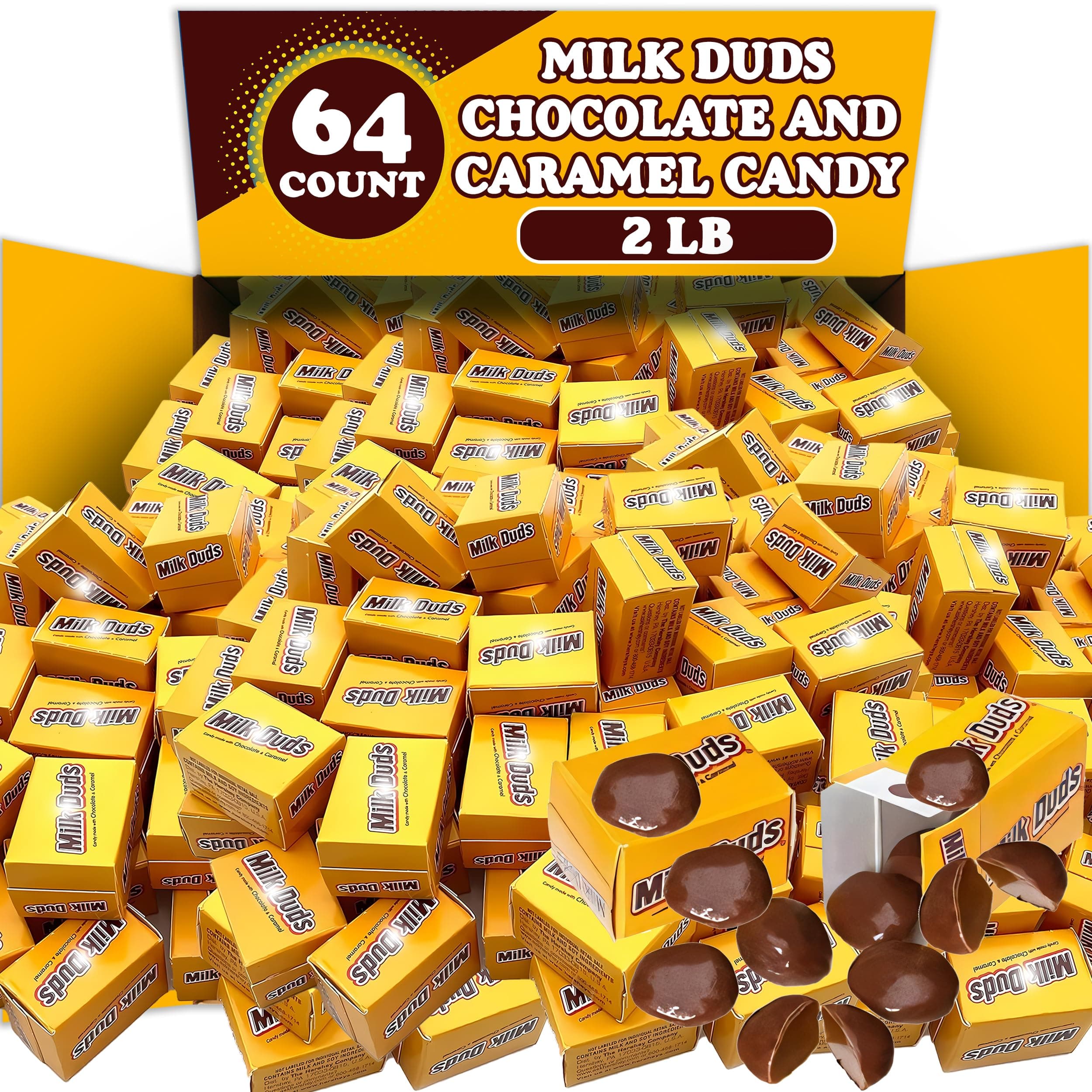 Milk dud Chocolate and Caramel Candy Boxes, 2 Lbs Bulk, Milk Chocolate Covered Chewy Caramel Candy, Individually Wrapped Candy Snacks, for Parties and Snacking, Appx 64 Mini Boxes