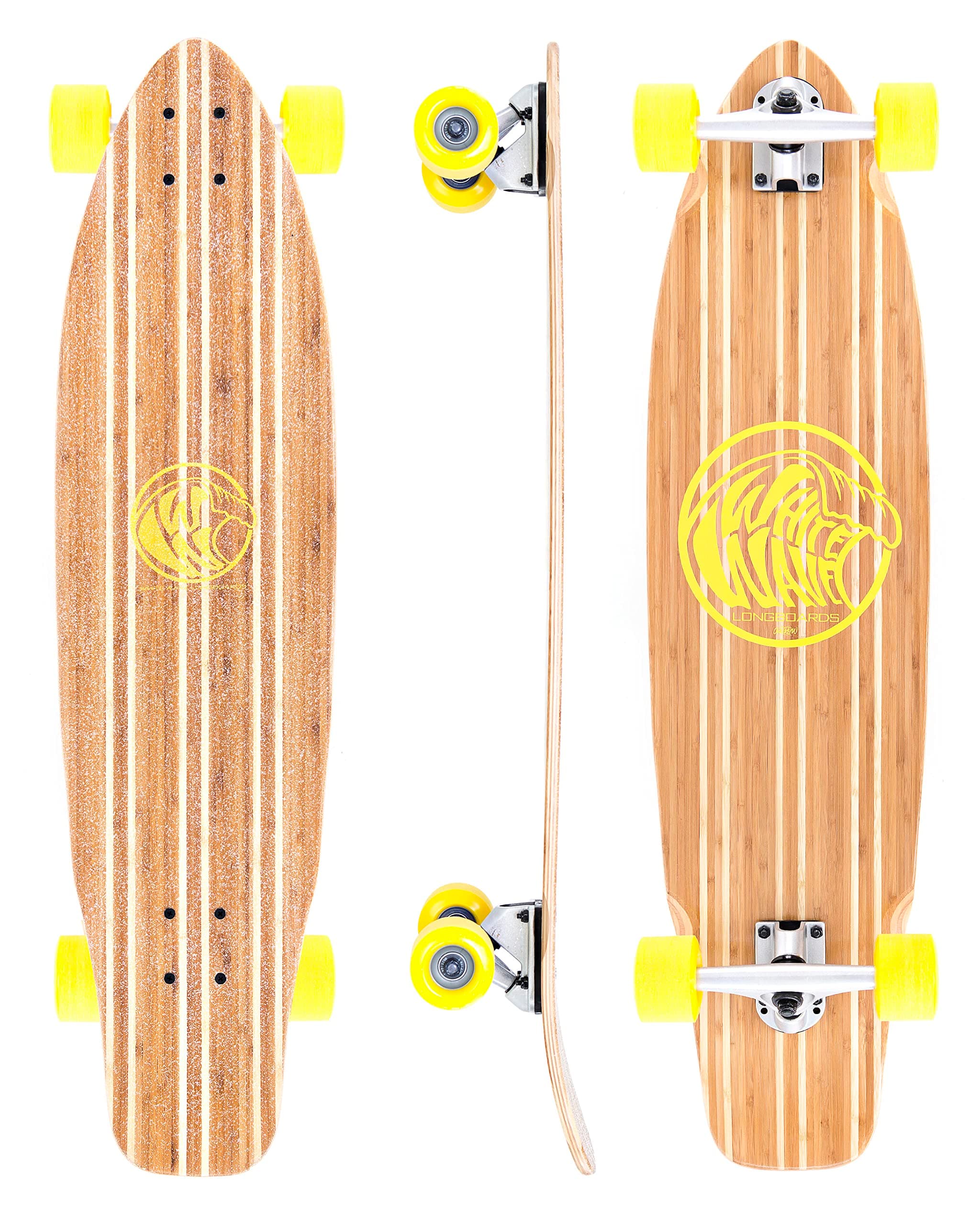 White Wave Bamboo Longboard Skateboard. Cruiser Drop Deck Long Board for Cruising, Carving and Freestyle Fun - Ideal Great Board for Beginner, Intermediate, or Advanced Riders.