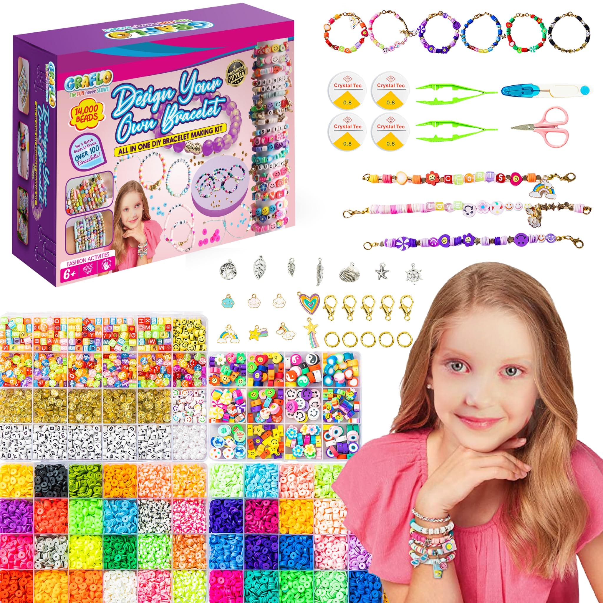 GRAFLO Bracelet Making Kit with 14,000 Pcs for Jewelry making, DIY Bead Set, Polymer Clay beads for Teens Girls Crafts for Girls, DIY Arts and Crafts Gifts Toys for Girls 6+ Years