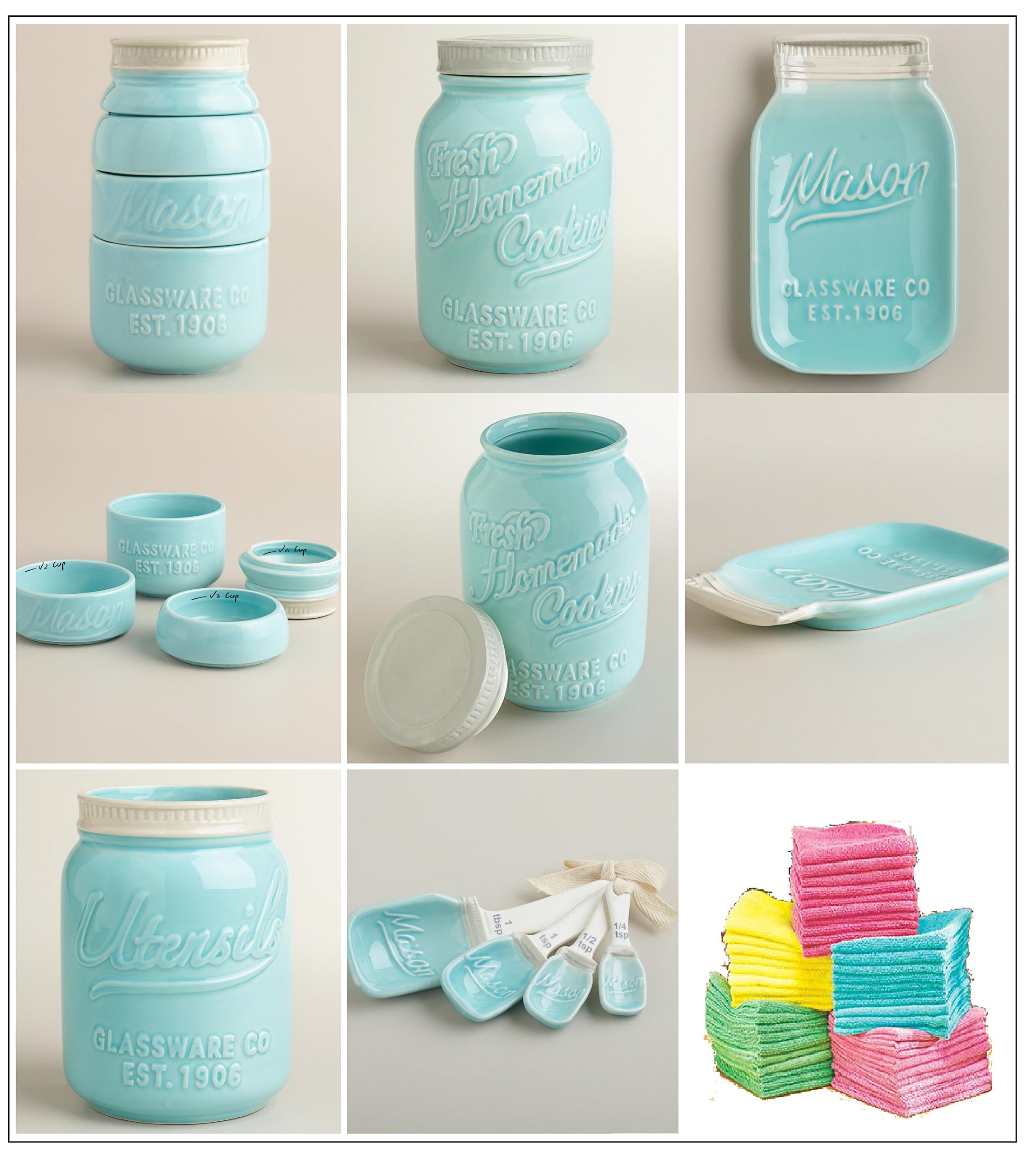 Mason Jar Ceramic Kitchenware "Complete Set": Measuring Cups and Spoons, Cookie Jar, Utensil Crock, Spoon Rest and Multi-purpose Towel