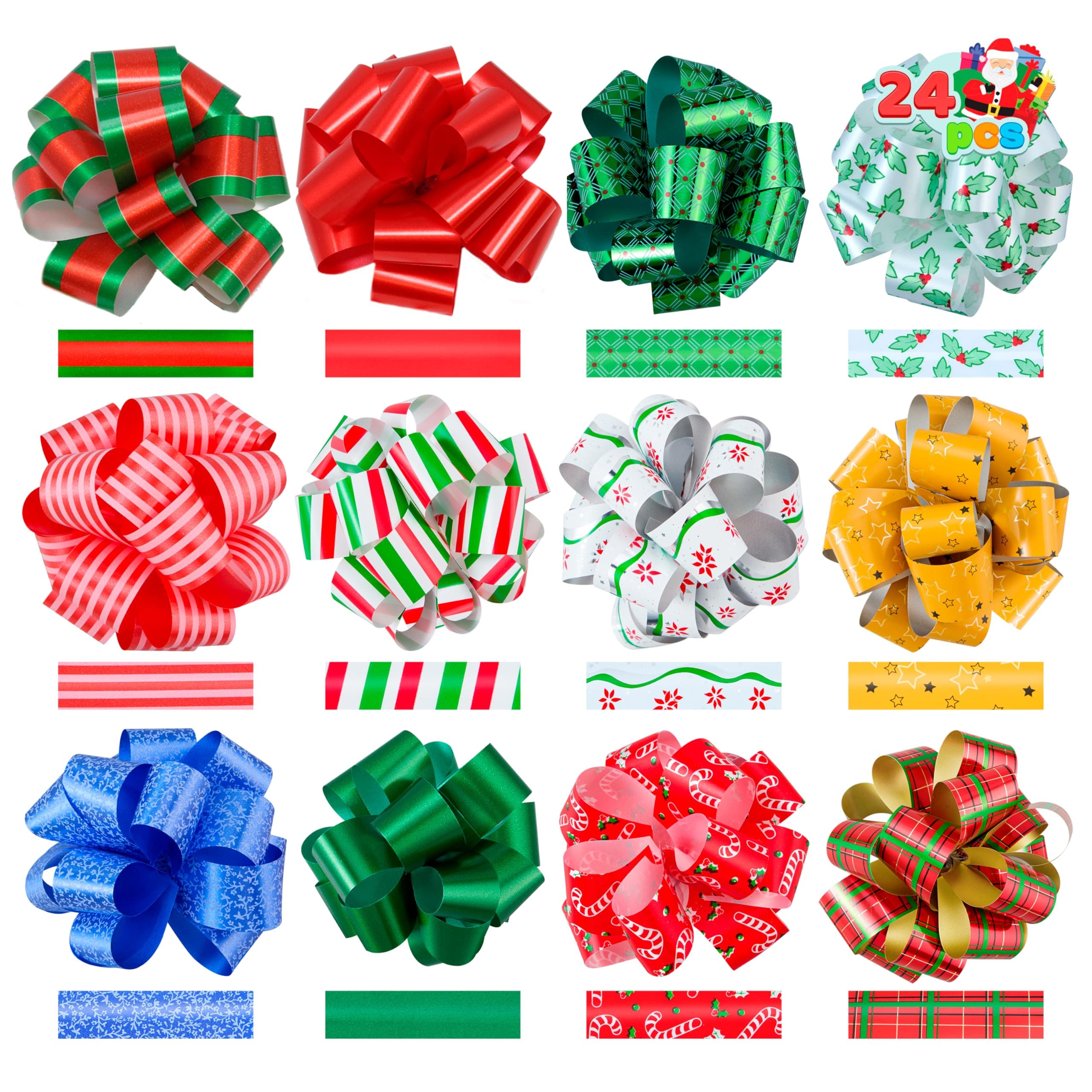 JOYIN 24 PCS Christmas Wrap Ribbon Pull Bows (5" Wide); Easy and Fast Gift Wrapping Accessory for Presents, Bows, Baskets, Wine Bottles Decoration, Xmas Gift Wrapping and Decoration Present