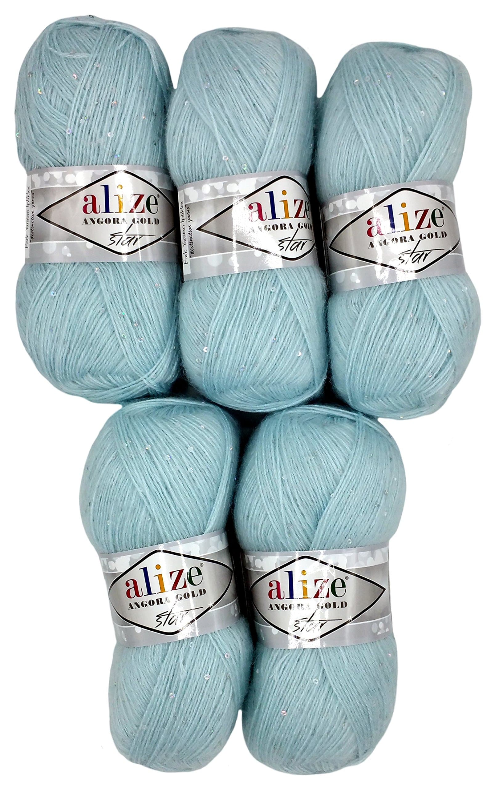 5 x 100g Alize Wool Chunky Mohair and Sequins Light Blue Knit and Crochet No. 514, 500 g