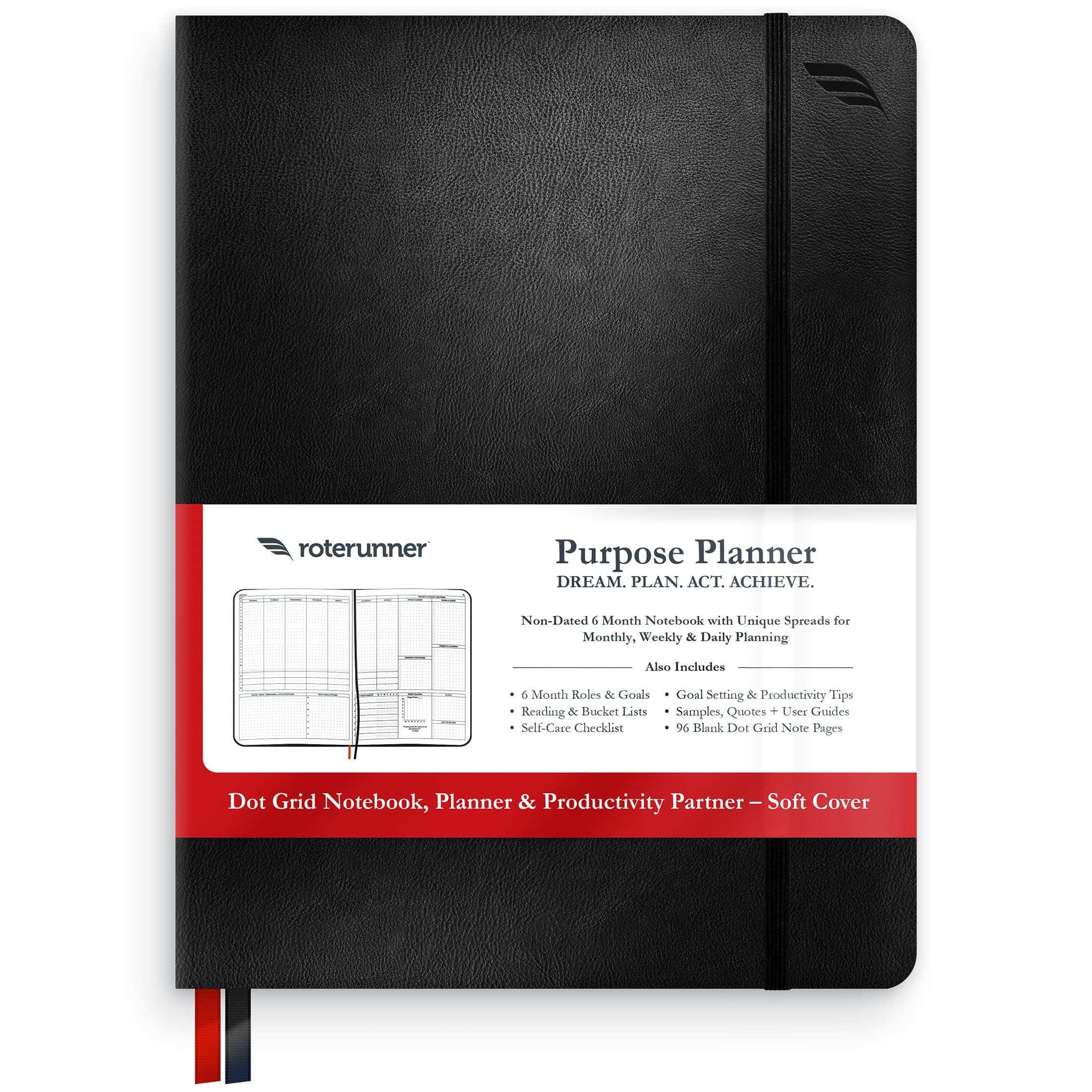 Purpose Planner by Roterunner Non-Dated Life Organizer, Notebook, Coach - Gain Clarity, Prioritize Effectively, Boost Productivity, Live Your Best Life - Soft Cover Journal 7.75" x 9.75" (Black)