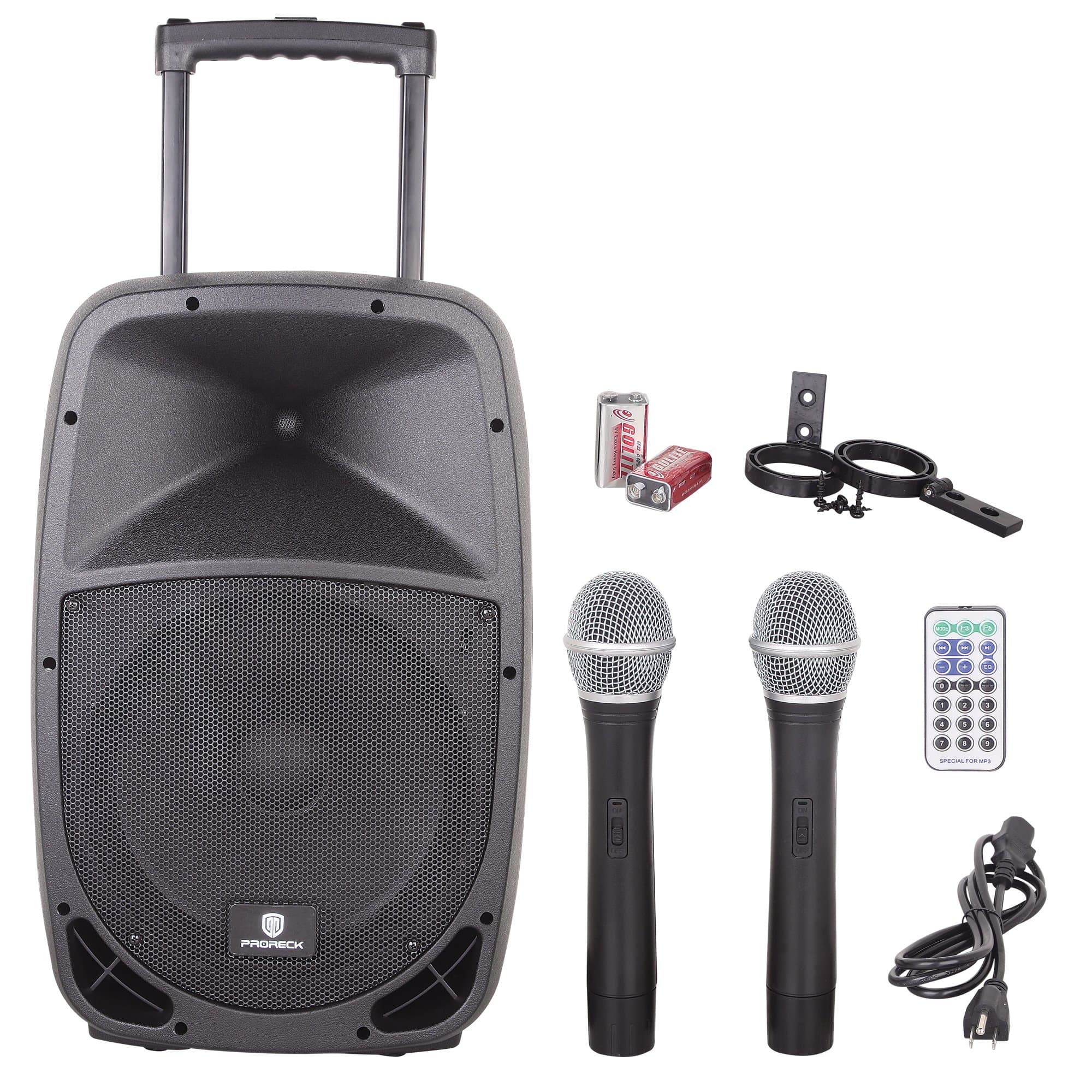 PRORECK 12-inch Rechargeable Battery Powered Pa Speaker System Bluetooth/USB/SD Card Reader/FM Radio/Remote Control, Wireless Microphone, 500 Watt