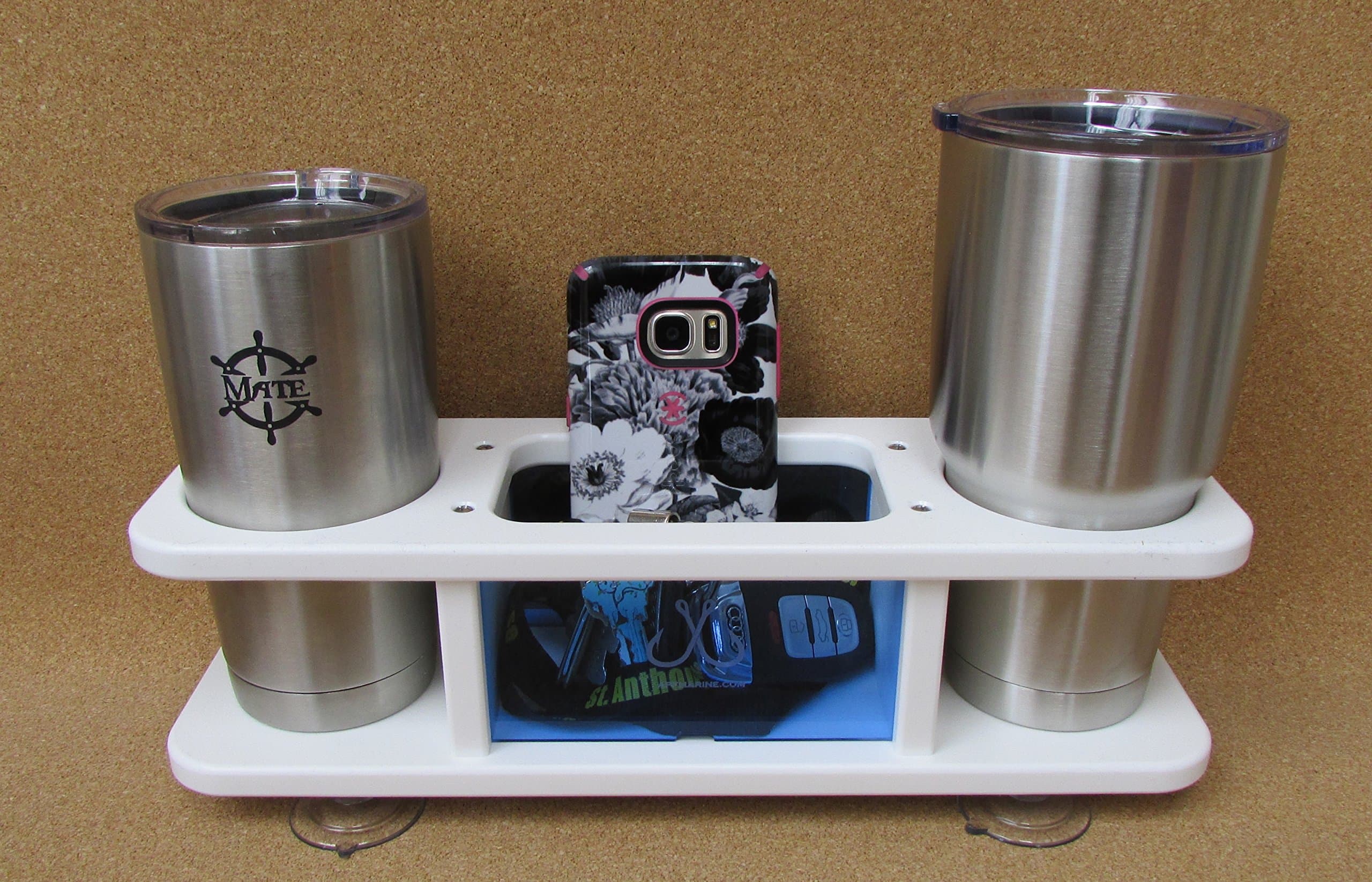 Two Beverage Cup Holder w Storage Box Catch All APF Marine w Blue