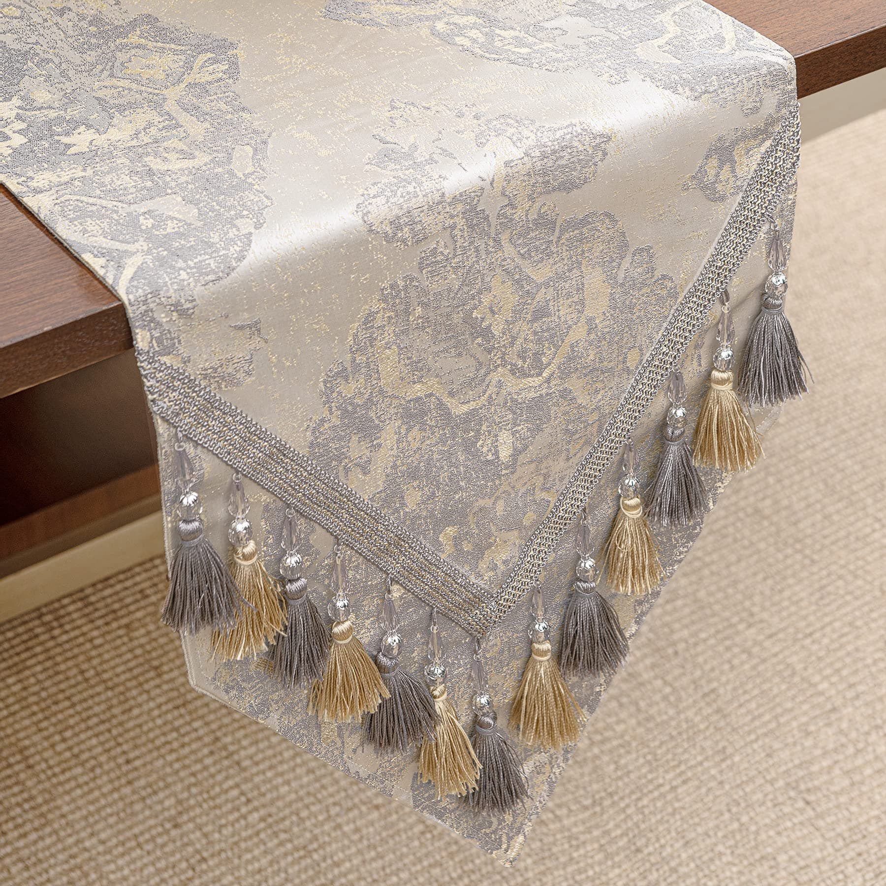 Table Runner with Handmade Tassels, Luxury Damask Table Runner for Dining Room/Restaurant/Banquet/Festival Decoration (33x274cm, Beige)