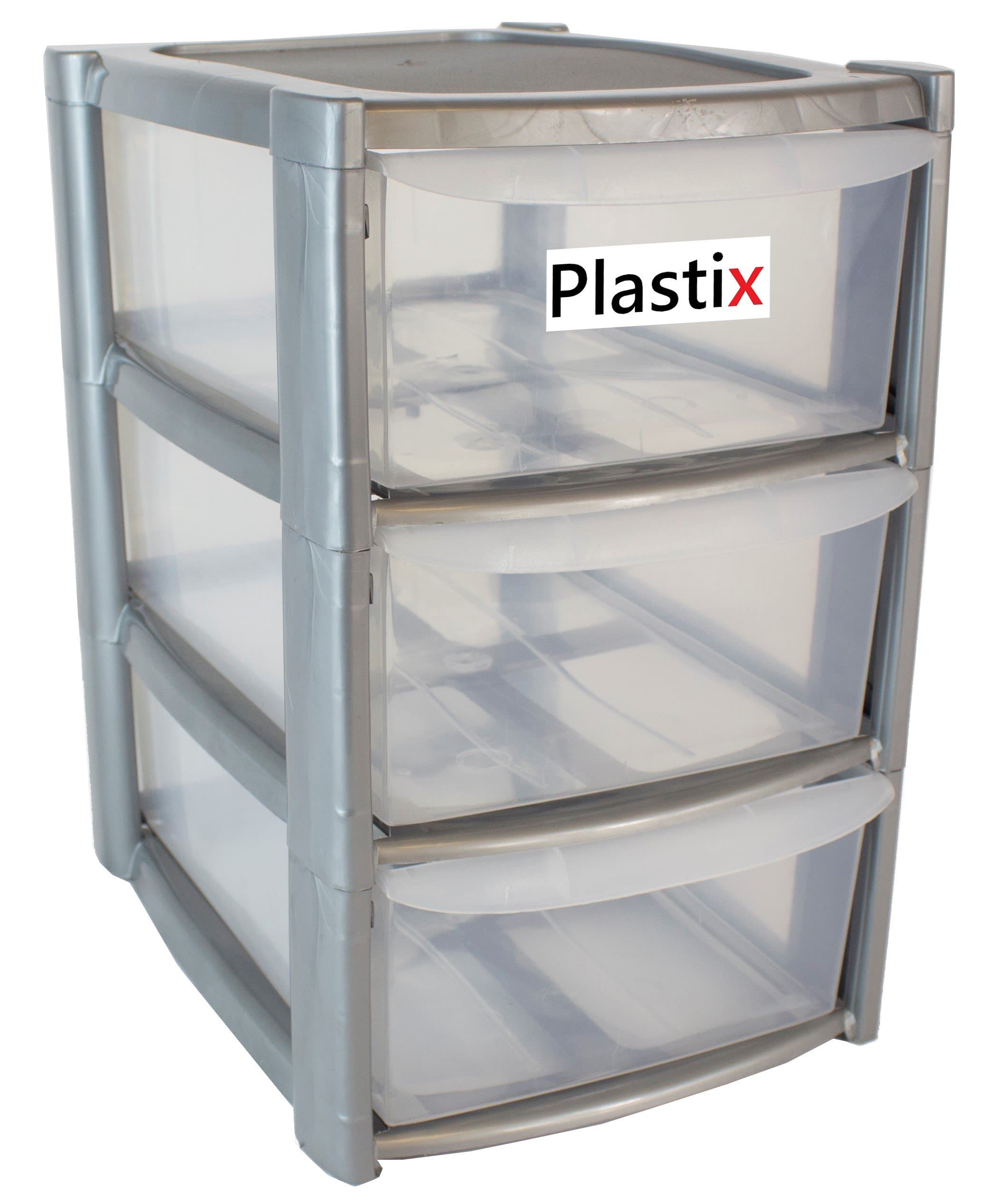 3 Drawer Plastic Draw Storage Mini Tower Unit Desktop Home School Office (Silver)