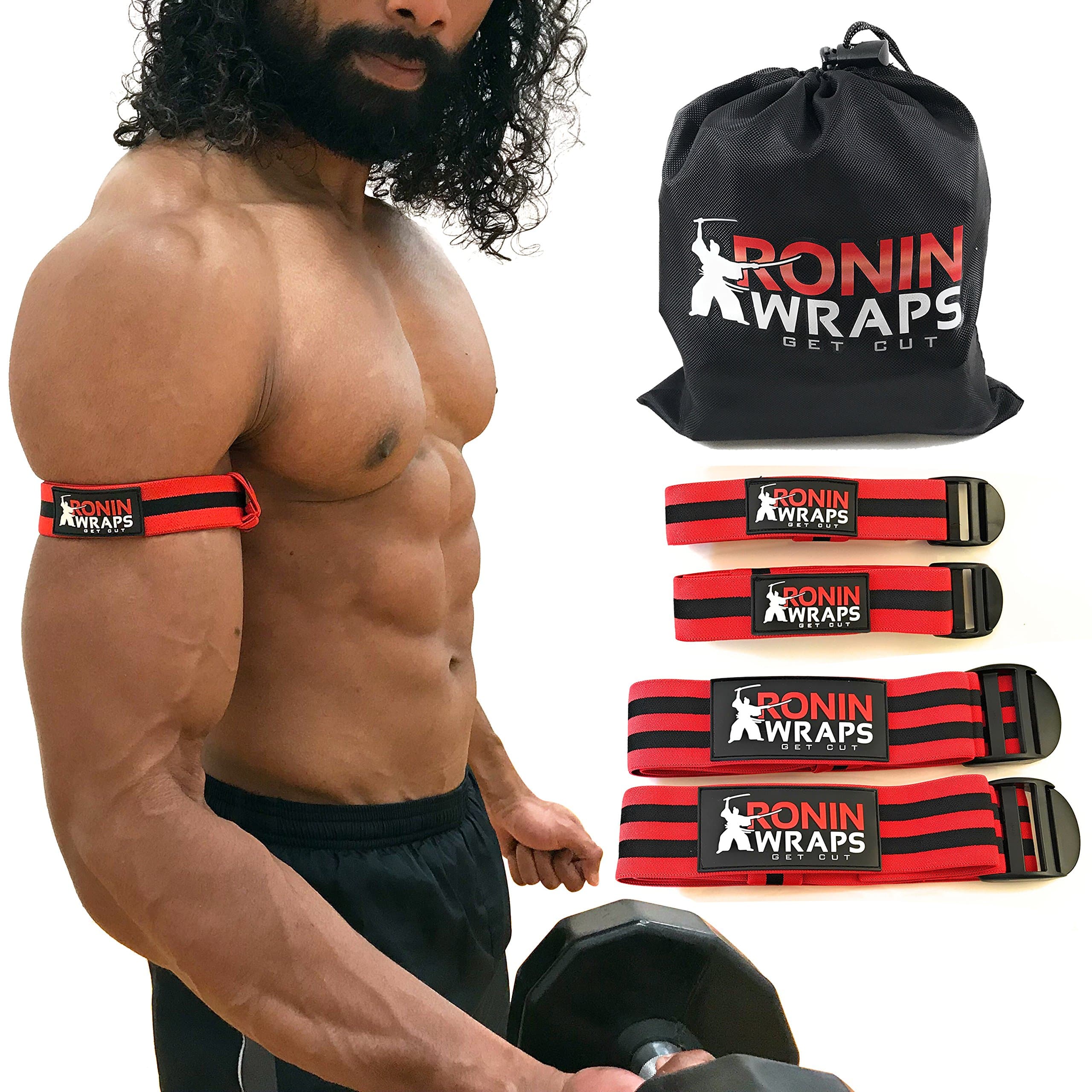 Ronin Wraps | BFR Occlusion Bands | Blood Flow Restriction Training | 4 Pack (2 for arms - 2 for Legs) | Free 21 Page Ebook | Sleek NO Pinch Buckle Design | Comfortable Elastic Material